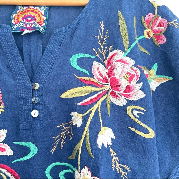 JOHNNY WAS Maisie Blue Linen w Multicolor Embroidery Easy Button Mini Dress XL - Picture 4 of 16